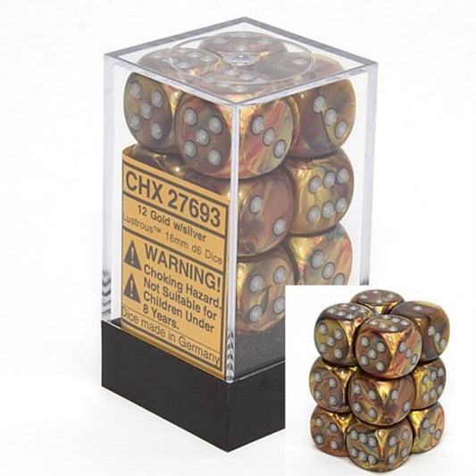 Chessex gold and silver lustrous 16mm d6 dice block for tabletop gaming.