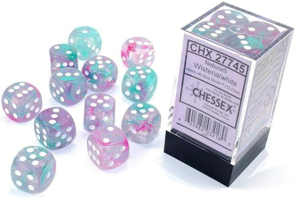 Chessex Nebula 16mm d6 dice with glow flecks for nighttime tabletop play.