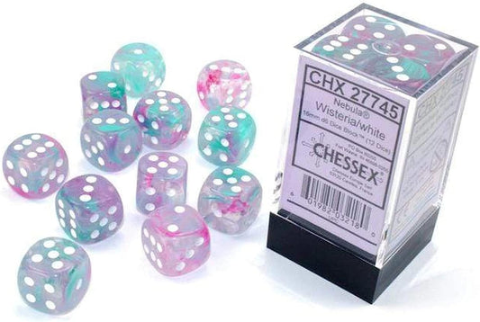 Chessex Nebula 16mm d6 dice with glow flecks for nighttime tabletop play.