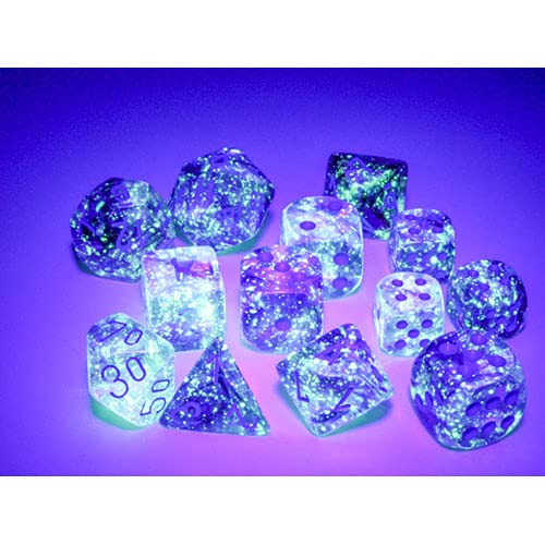Chessex Nebula blue pips with luminary glow for easy dice identification.