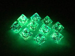 Oceanic D10 dice by Chessex with glow flecks for clearer low-light rolls.