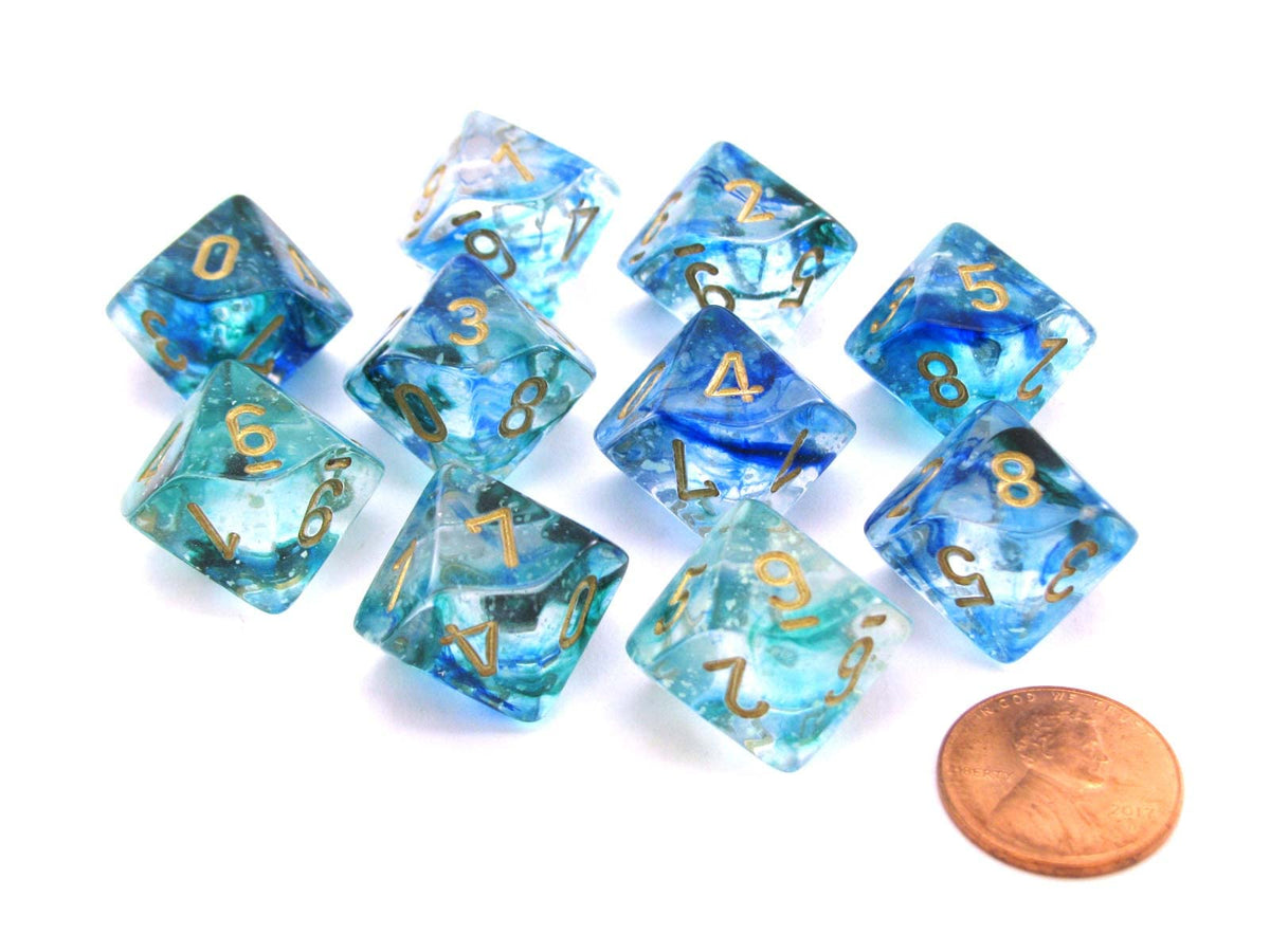 Chessex Nebula Luminary D10 set in Oceanic with Gold glows softly for night gaming.