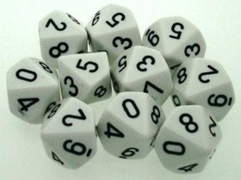 Chessex opaque white d10 dice set with black numbers for clear readability.
