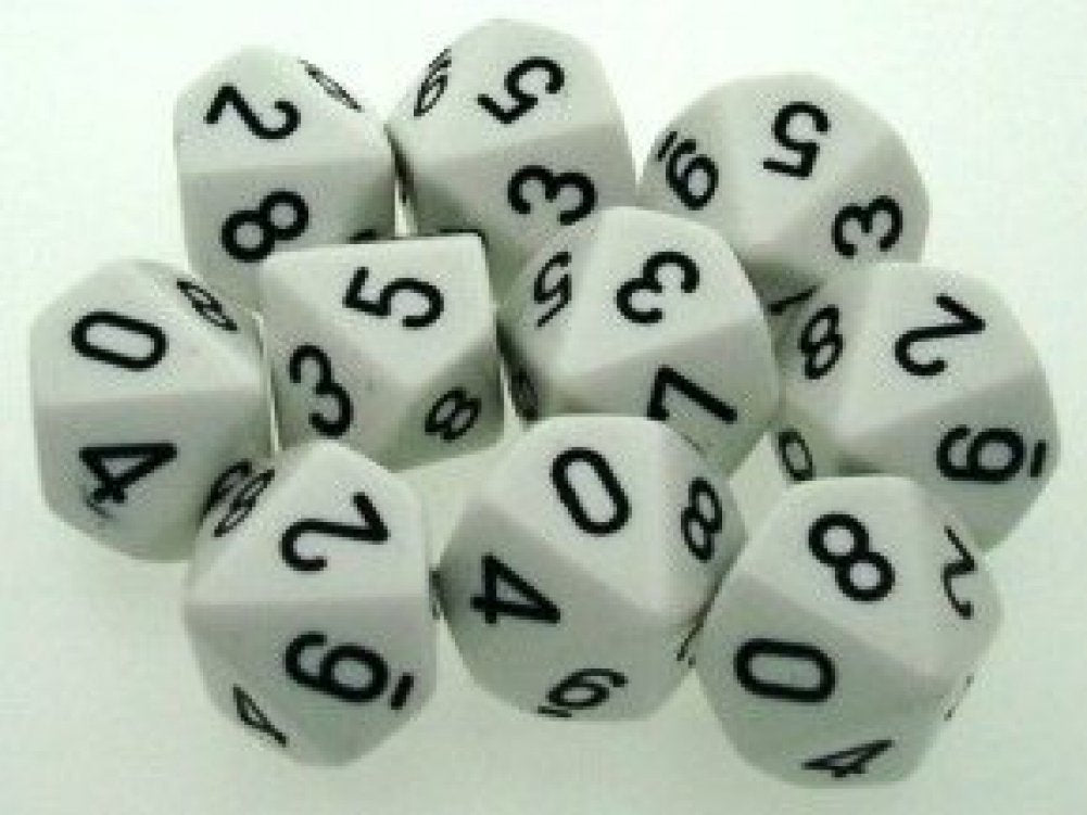 Chessex opaque white d10 dice set with black numbers for clear readability.