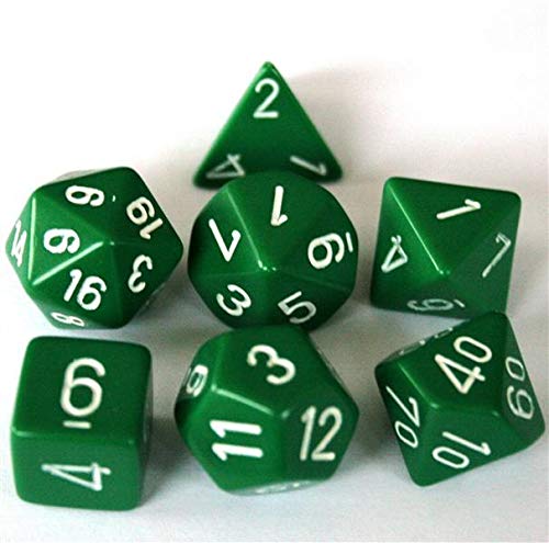 Chessex green-white d20-d12 pair showcased for quick referencing under pressure.