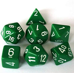 Chessex green-white d20-d12 pair showcased for quick referencing under pressure.