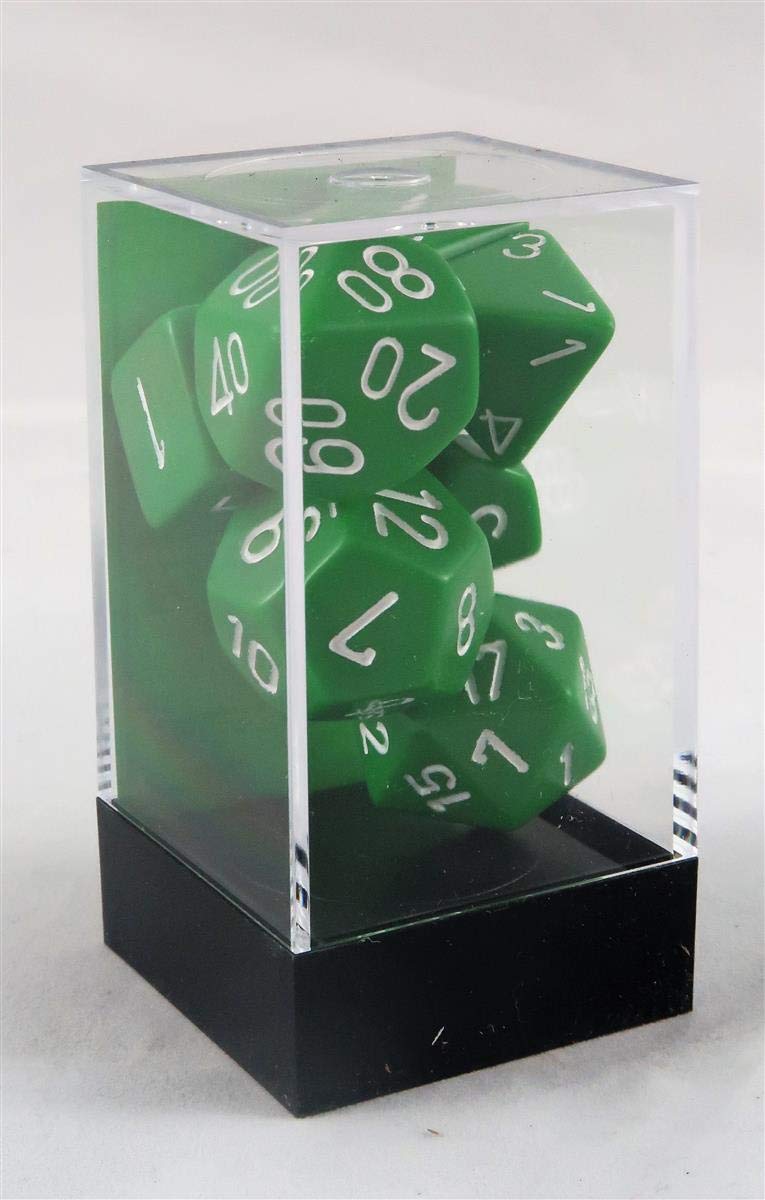 Chessex 7-die set features large numbers for easy reading in dim lighting.