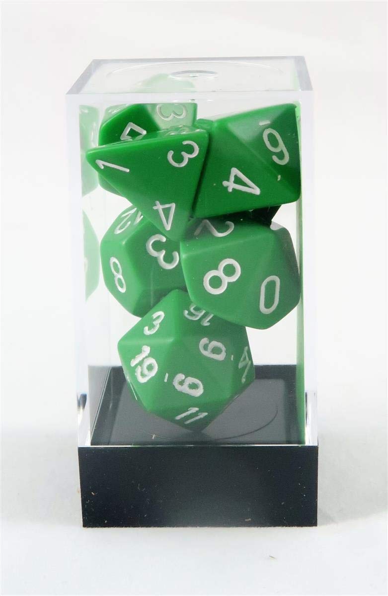 Chessex opaque green-white dice with sharp edges improve shape recognition during play.