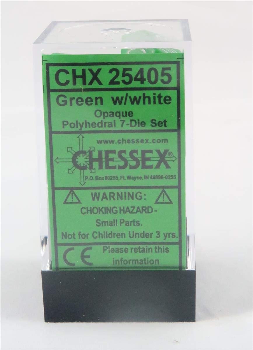 Chessex polyhedral 7-die opaque green white top-read faces for quick comprehension.