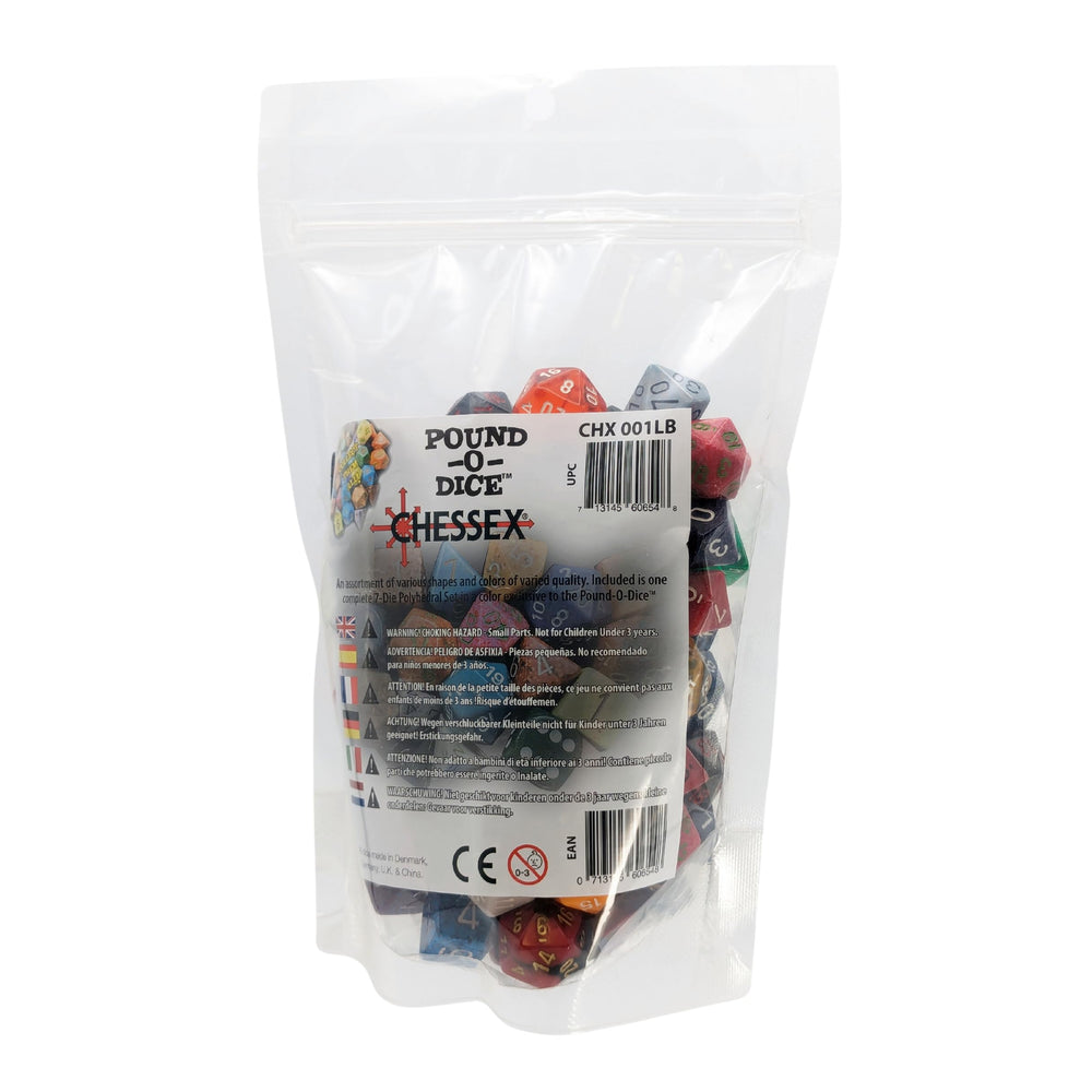 Chessex Pound O Dice bag with assorted dice for on-hand spare sets and quick dice pools.