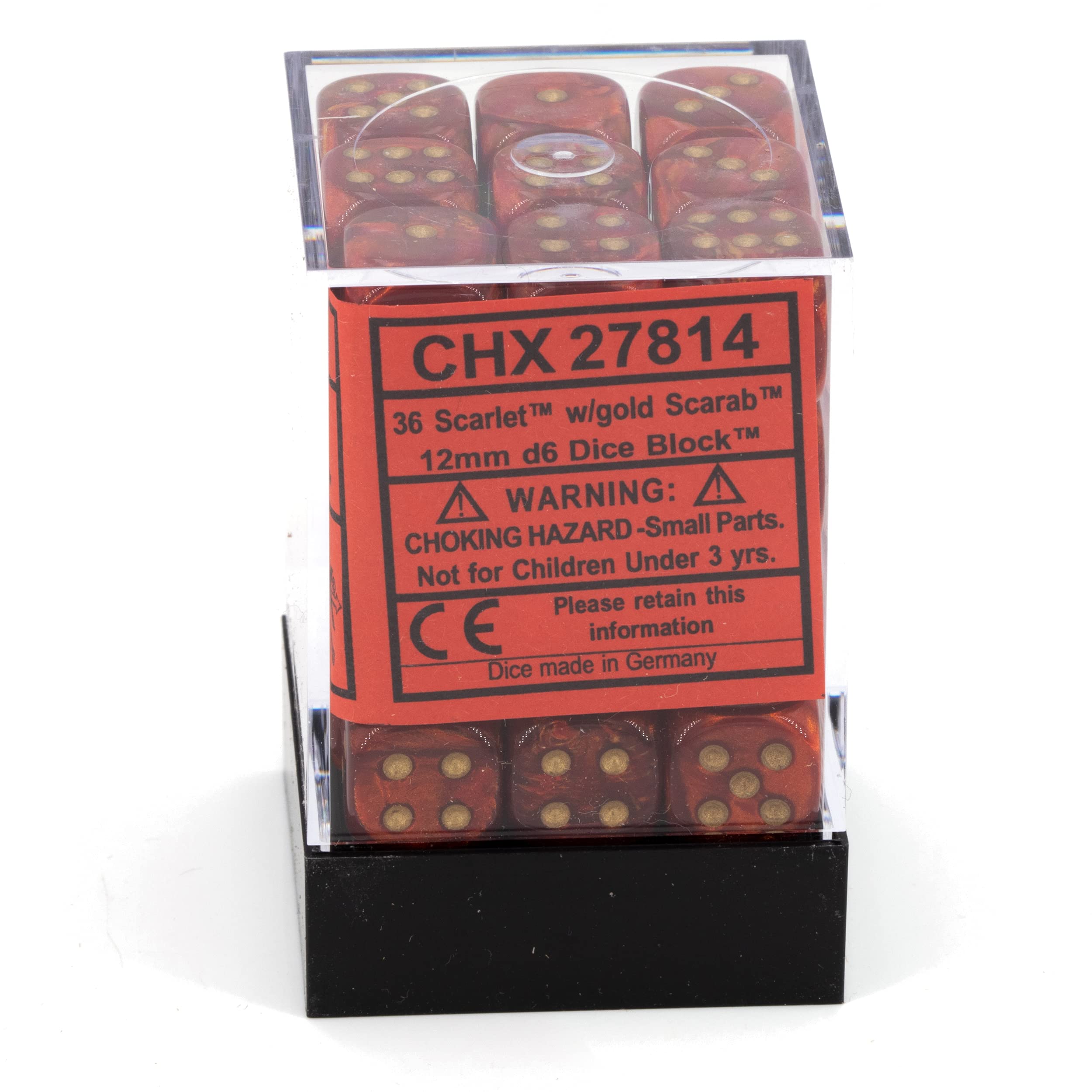 Chessex Scarab Scarlet with Gold 12mm d6 in display tray for easy organization