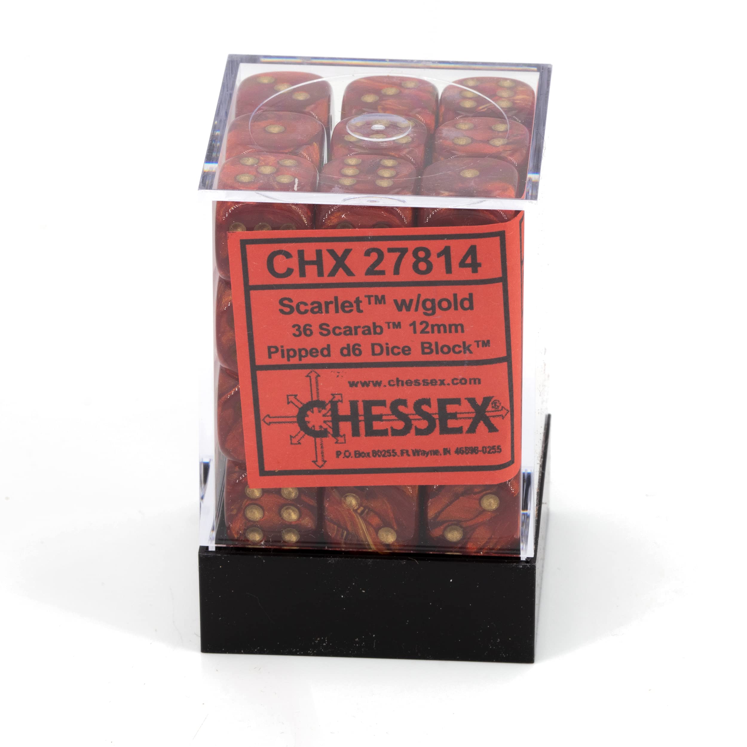Chessex Scarab Scarlet with Gold 12mm d6 close-up highlighting vivid color contrast