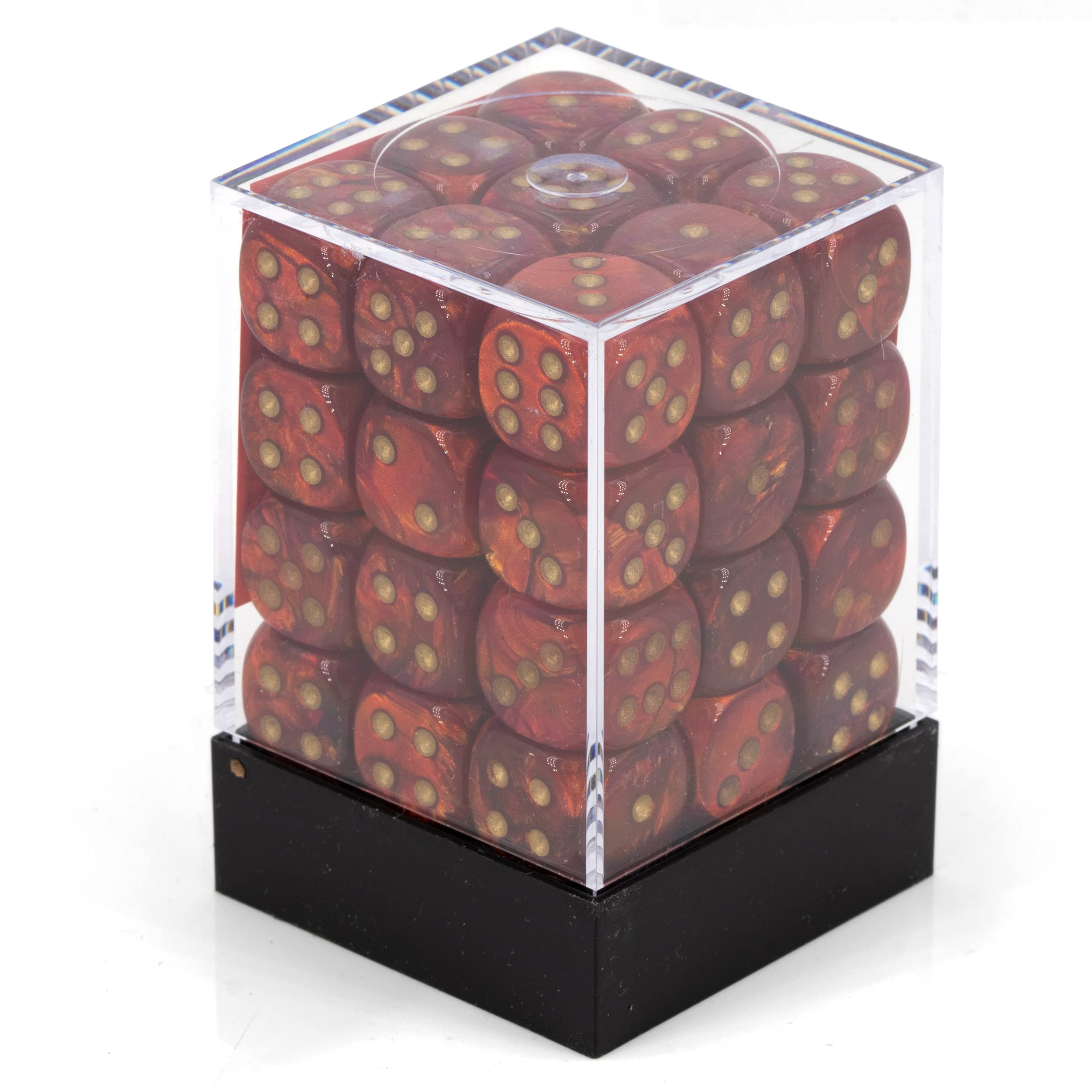 Chessex Scarab Scarlet with Gold 12mm d6 set, stacked for compact travel dice