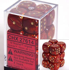 Chessex Scarab Scarlet with Gold 16mm D6 dice block for tabletop play.