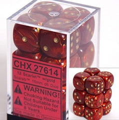 Chessex Scarab Scarlet with Gold 16mm D6 dice close-up highlighting color clarity for easy reads.