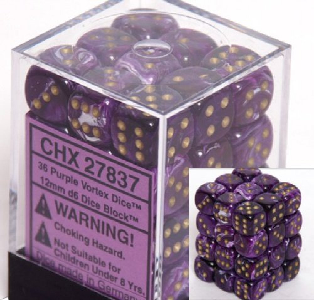 Chessex Vortex Purple D6 dice with gold pips, compact 12mm for portable tabletop gaming