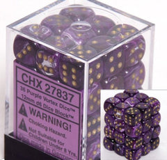 Chessex Vortex Purple D6 dice with gold pips, compact 12mm for portable tabletop gaming