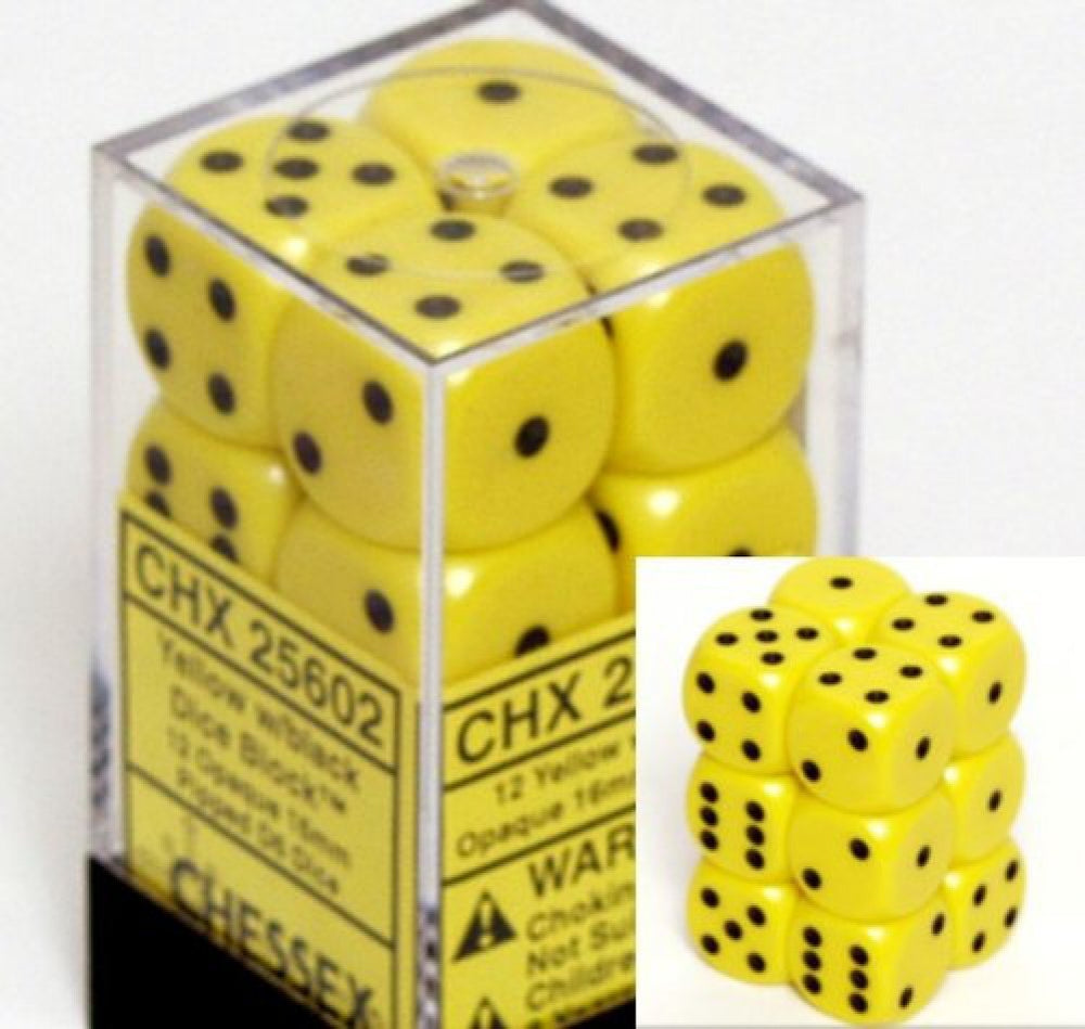 Chessex yellow opaque d6 dice, 16mm, in a block box for tabletop games.