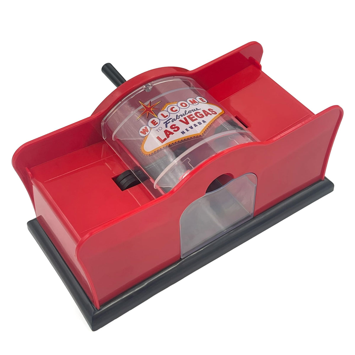 CHH 2-deck hand crank shuffler in red and black, front view for quiet shuffle