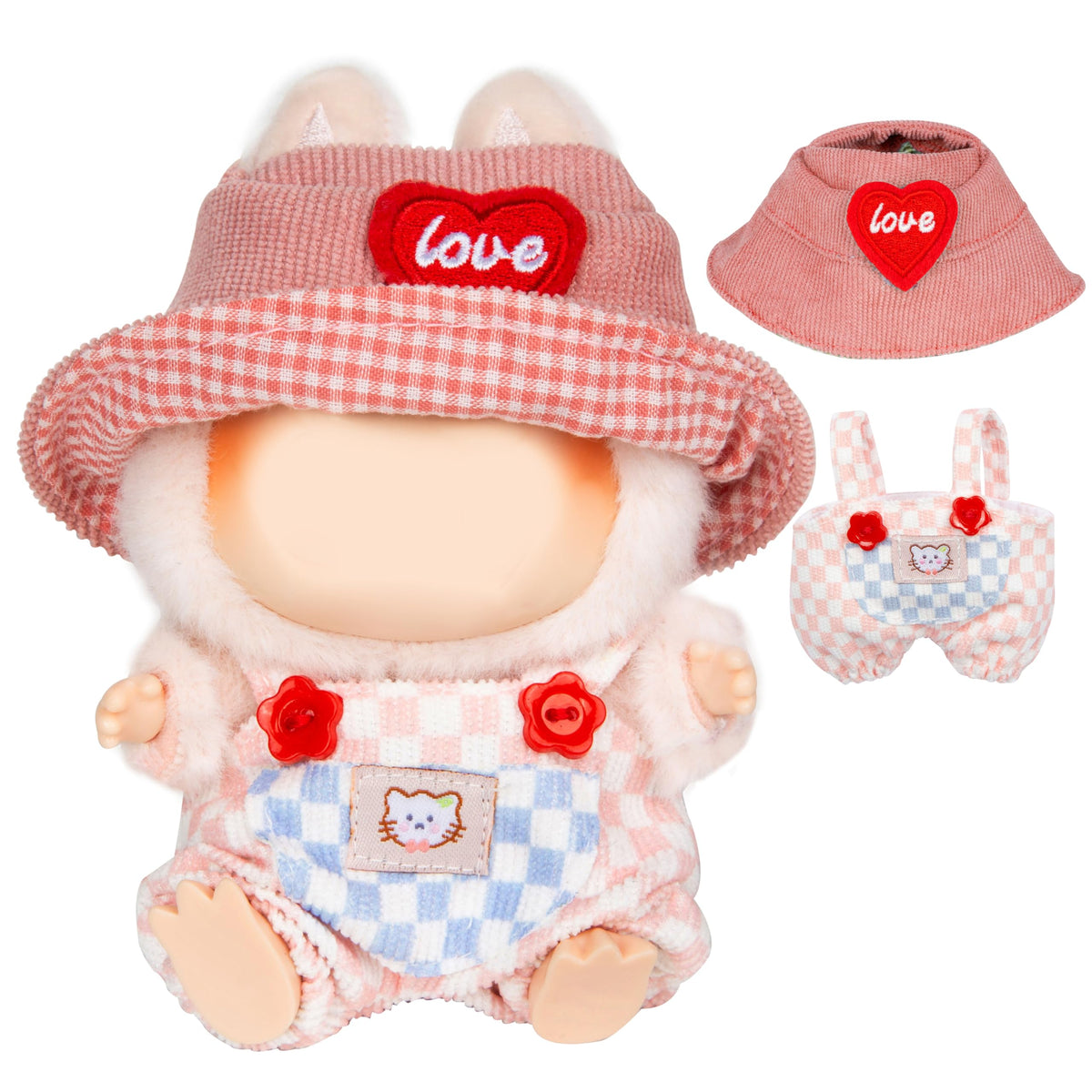 CHICHO 17cm Labubu romper in pink check for stylish play and display.