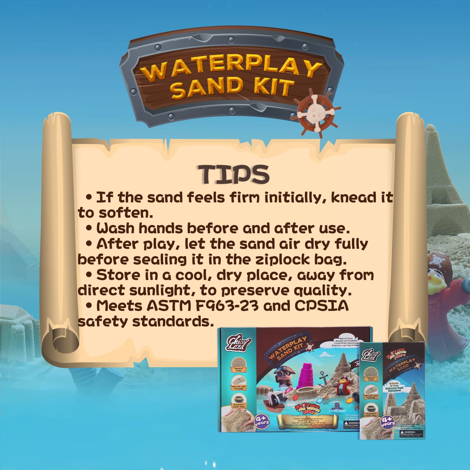 Chico Land Waterplay Sand Kit pirate-adventure invites cooperative play and role-playing fun.