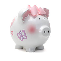 Child to Cherish butterfly piggy bank front view with vibrant hand-painted finish