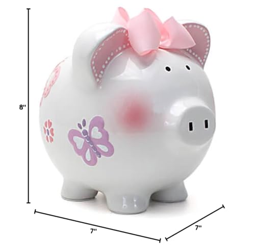 Child to Cherish butterfly piggy bank glazed finish emphasizing durability and keepsake