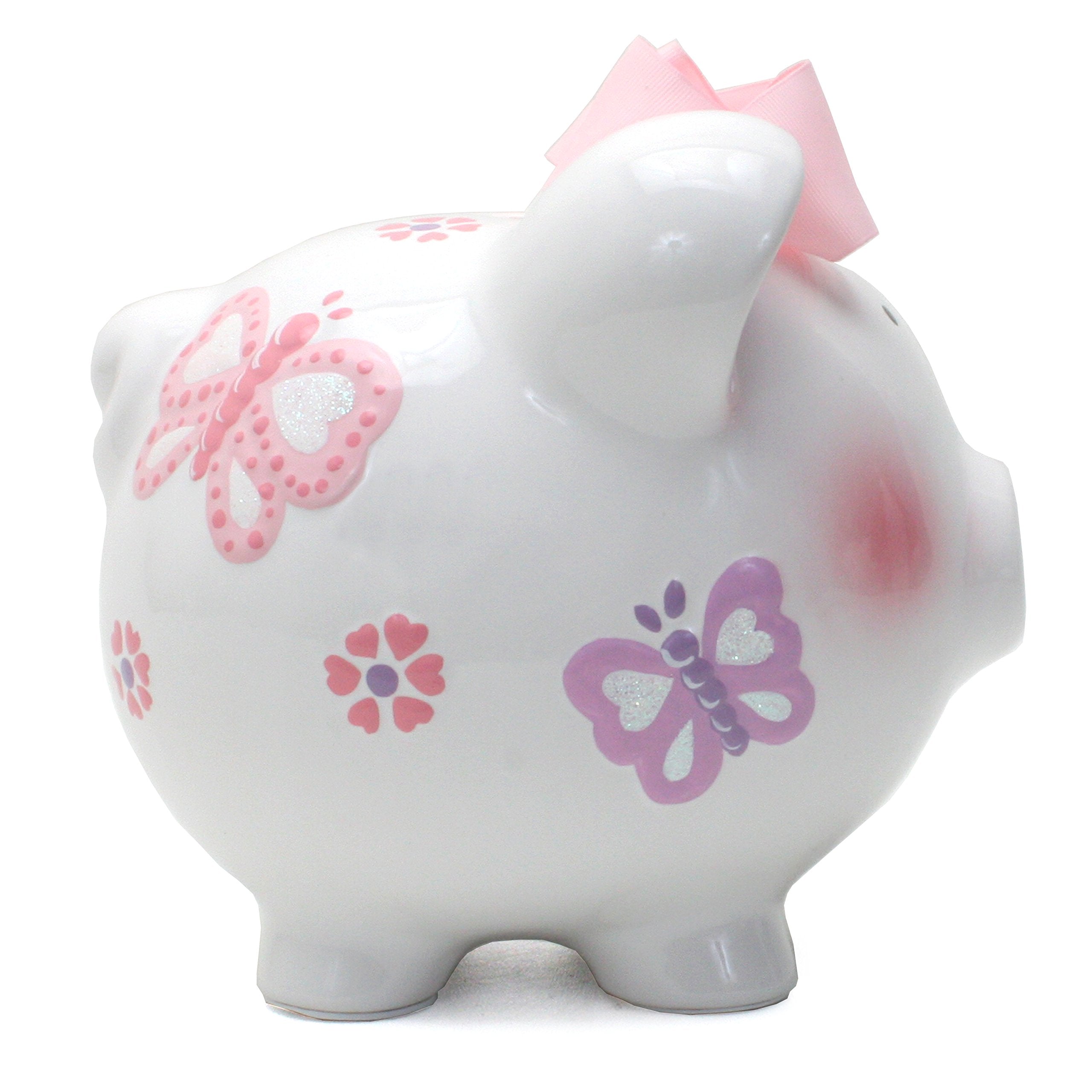 Child to Cherish butterfly piggy bank open inside with visible coin storage