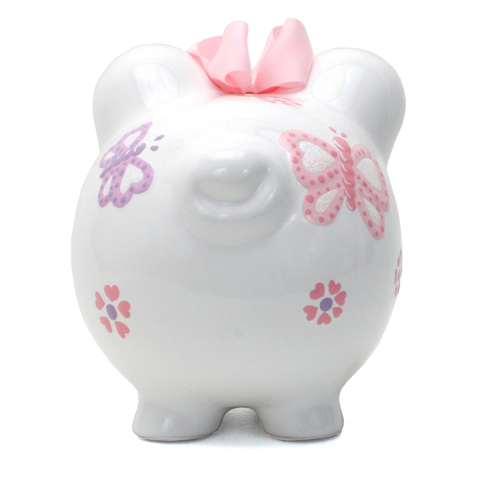 Child to Cherish butterfly piggy bank side view highlighting durable dolomite ceramic