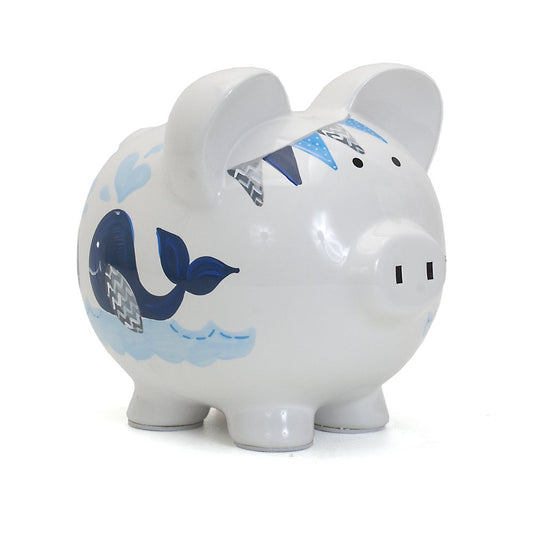 Child to Cherish Ceramic Piggy Bank blue double whale front view encourages saving with a charming glaze