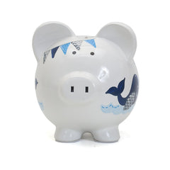 Child to Cherish Ceramic Piggy Bank blue double whale side view sturdy ceramic keepsake for saving