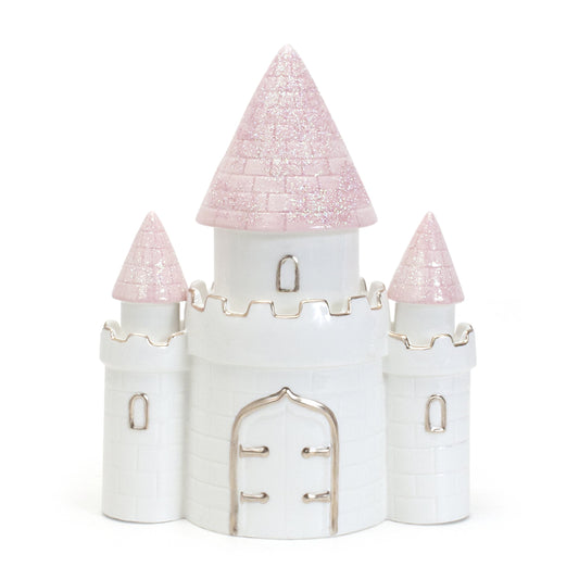 Child to Cherish Dream Big Princess Castle Piggy Bank in pink encourages imaginative saving.