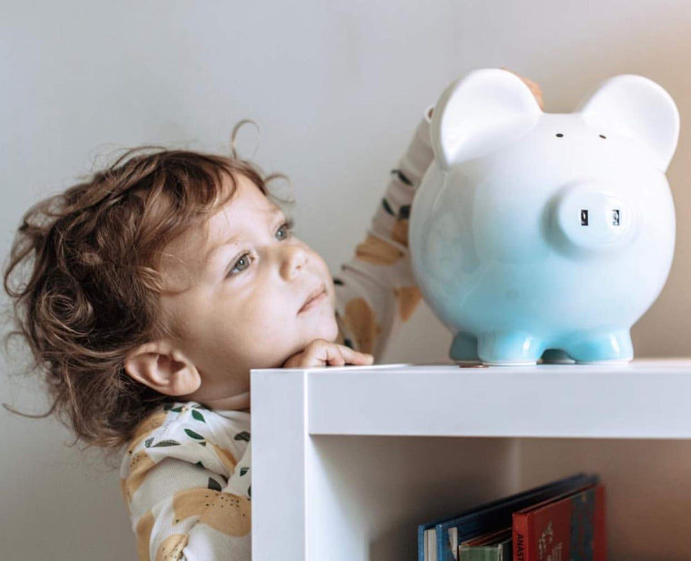 Child to Cherish Ombre Ceramic Piggy Bank Blue top view highlighting coin slot and storage idea