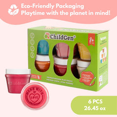 Colorful dough cans in use demonstrate mess-free, reusable fun with ChildGen.