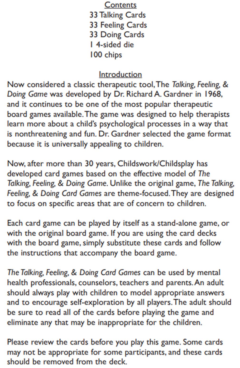 Childswork Talking Feeling Doing Grief Card Game in action supports 2-4 players with caregiver guidance.
