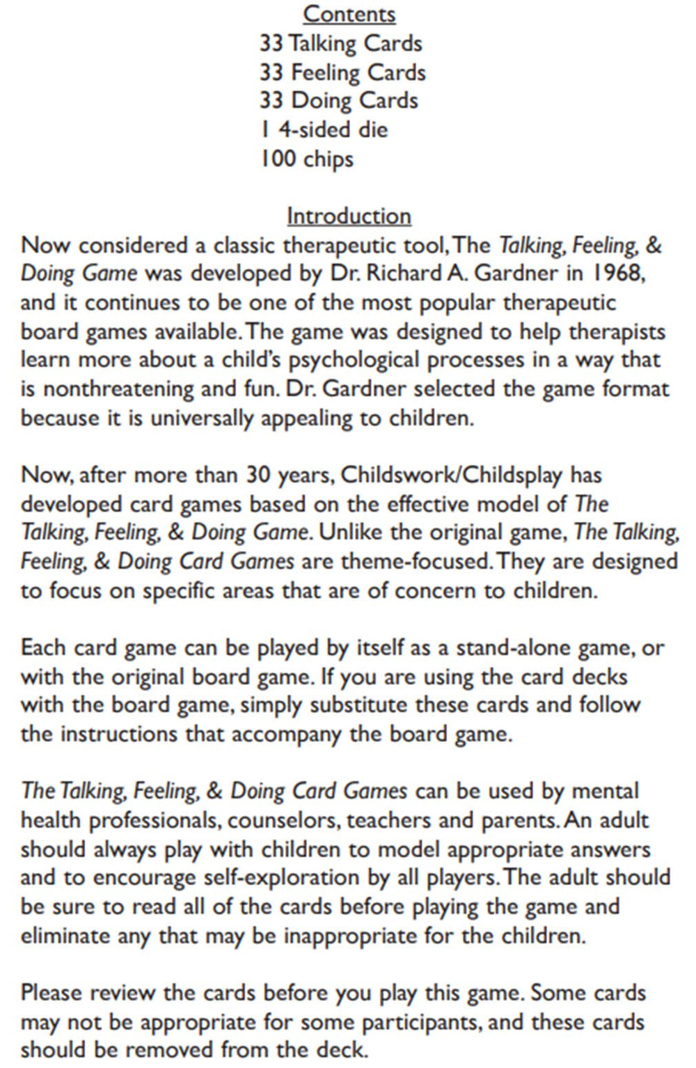 Childswork Talking Feeling Doing Grief Card Game in action supports 2-4 players with caregiver guidance.