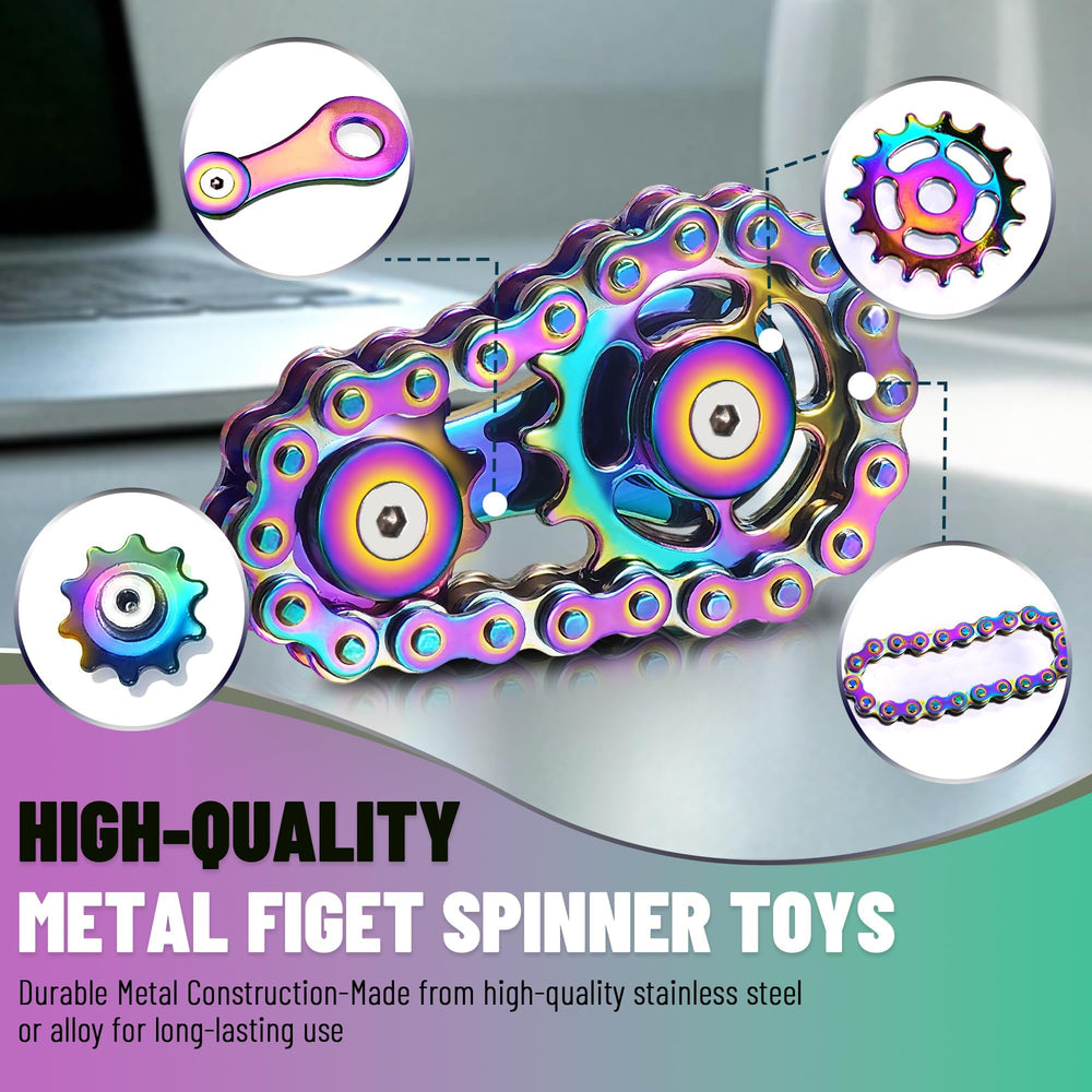 Chilvil Rainbow+Blue fidget spinner desk-use view highlighting stainless steel durability.