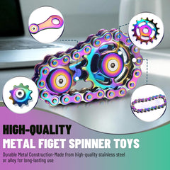 Chilvil Rainbow+Blue fidget spinner desk-use view highlighting stainless steel durability.
