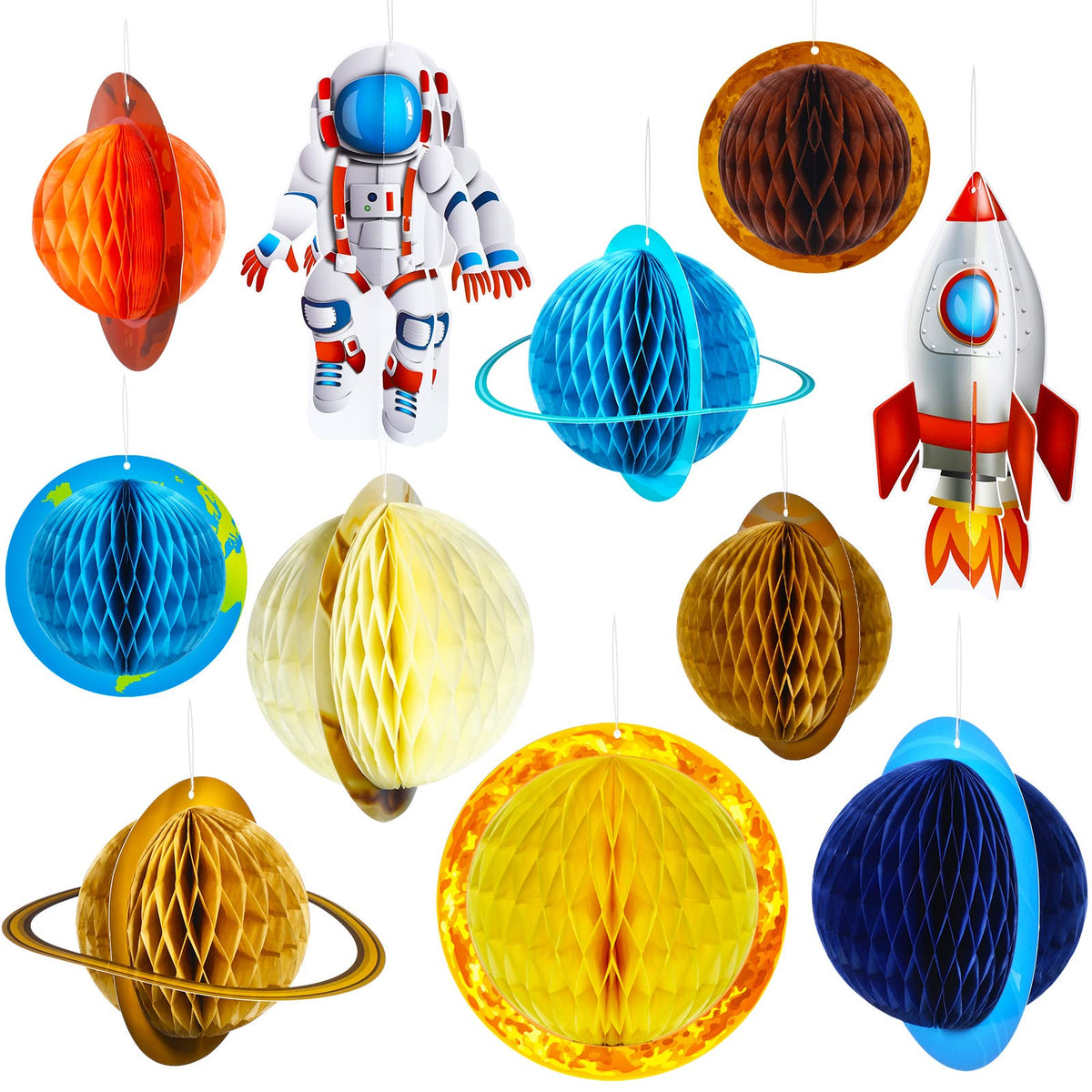 Chinco sun honeycomb hanging decor enhances ceiling visuals for a space party.