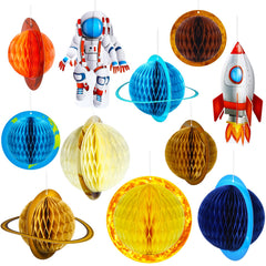 Chinco sun honeycomb hanging decor enhances ceiling visuals for a space party.
