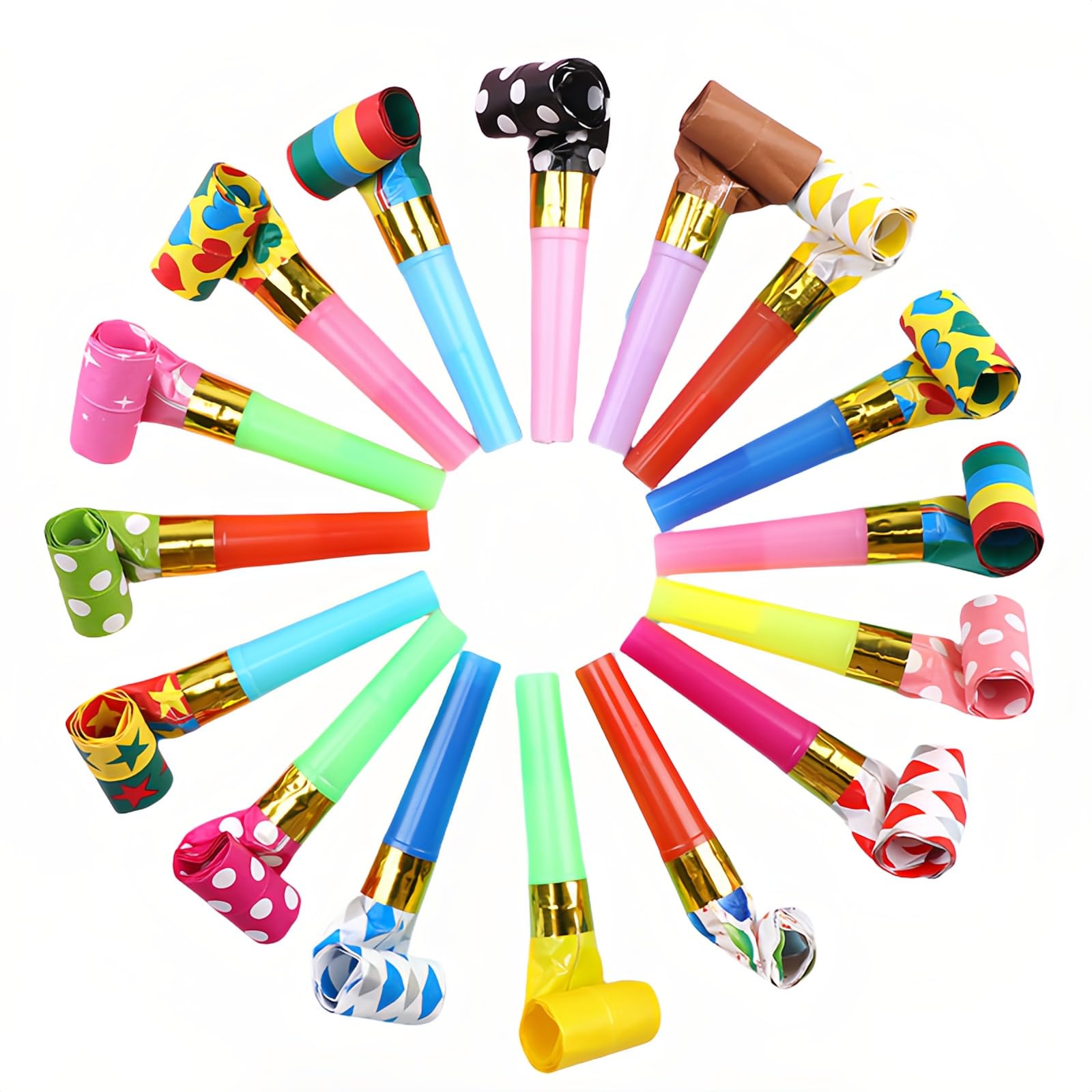 Chinshwehaw party blowouts in random colors add festive sound to celebrations.