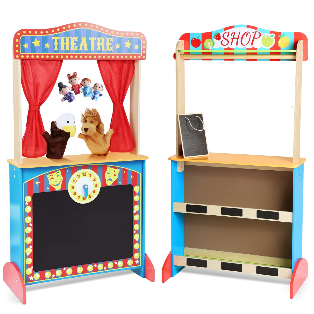 CHIUHEI Deluxe Puppet Theater front-curtains invites kids to start a whimsical show.
