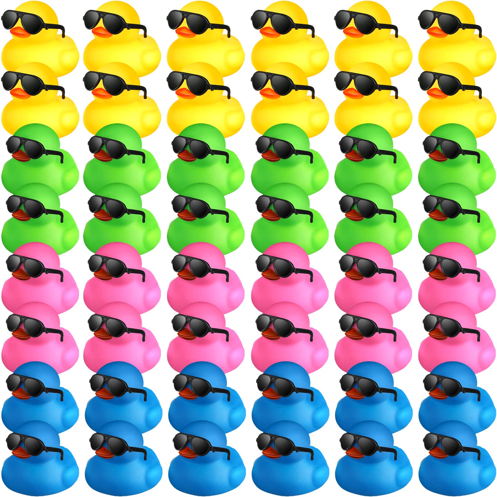 Chivao 48-piece mini duck set with sunglasses for party favors and bath time fun.