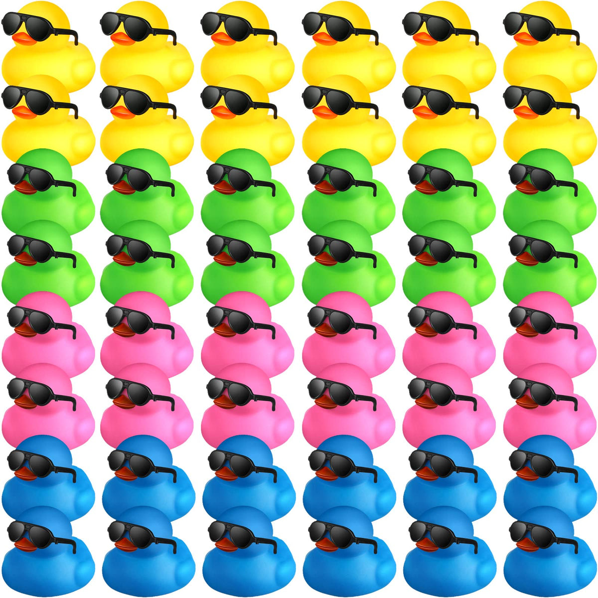 Chivao 48-piece mini duck set with sunglasses for party favors and bath time fun.