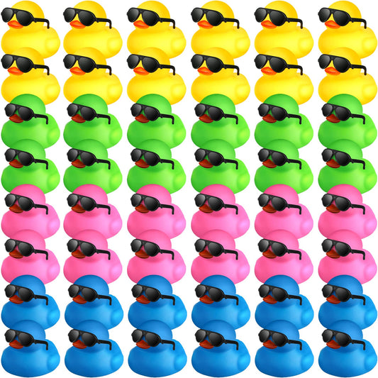 Chivao 48-piece mini duck set with sunglasses for party favors and bath time fun.