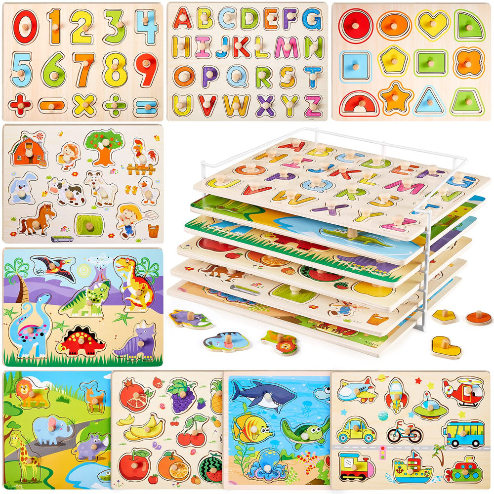 Chivao 9-pack animals peg puzzles for toddlers boost shape recognition and fine motor skills