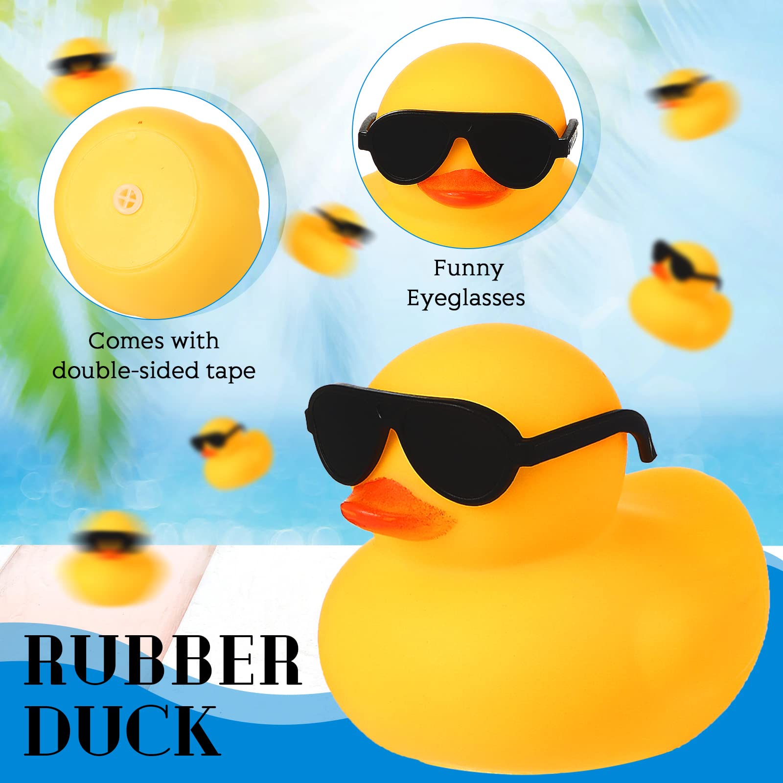 Chivao yellow ducks with glasses close-up highlighting colorful design.