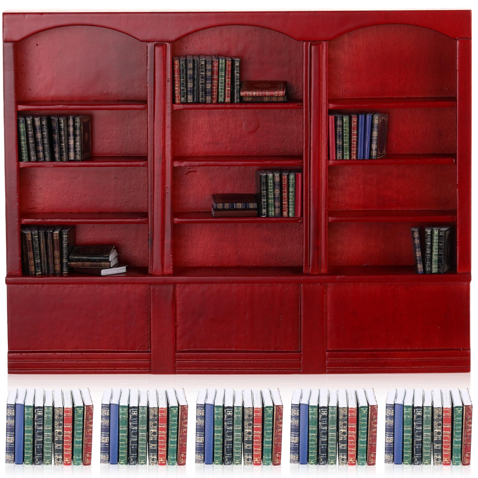Chivertion 1:12-scale red dollhouse bookshelf with tiny books for realistic display