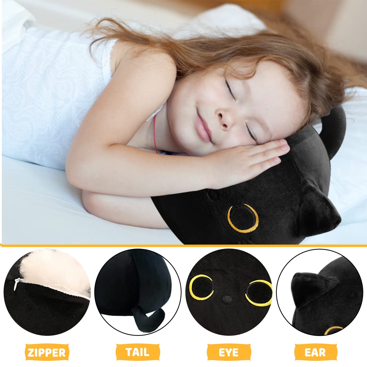 CHNBF Soft Black Cat Plush Pillow in a car seat area for a gentle travel companion