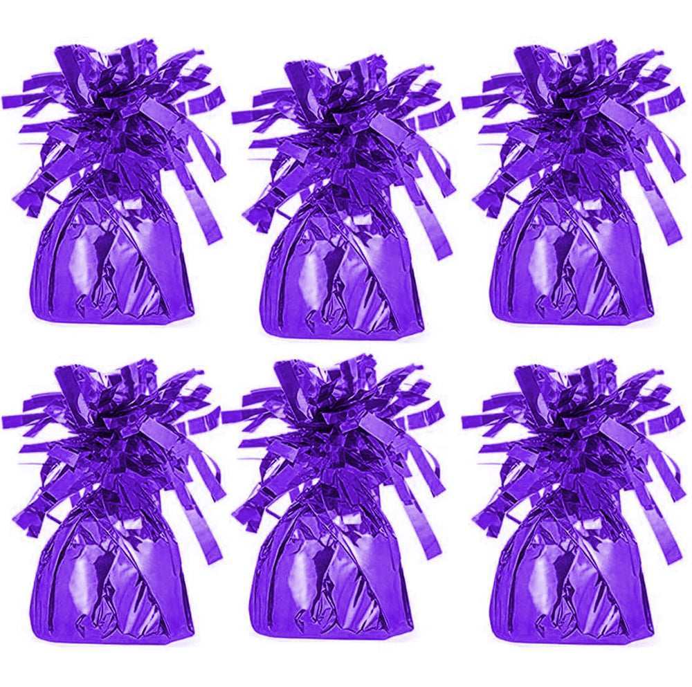 Chochkees purple 5.5-inch balloon weight in a six-pack, keeps balloons secure for parties.